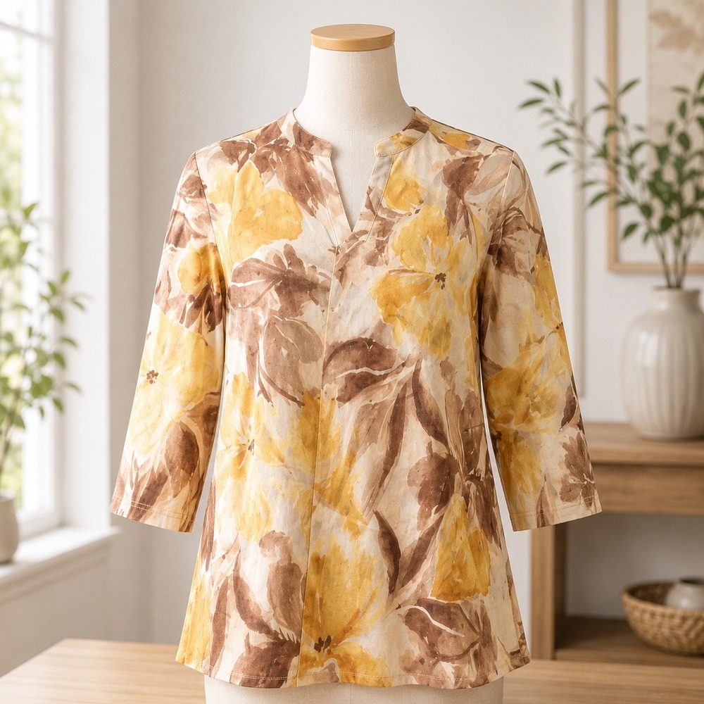 NEW Denim & Co Open Front Cardigan LP Large Petite Yellow Brown Floral Knit
